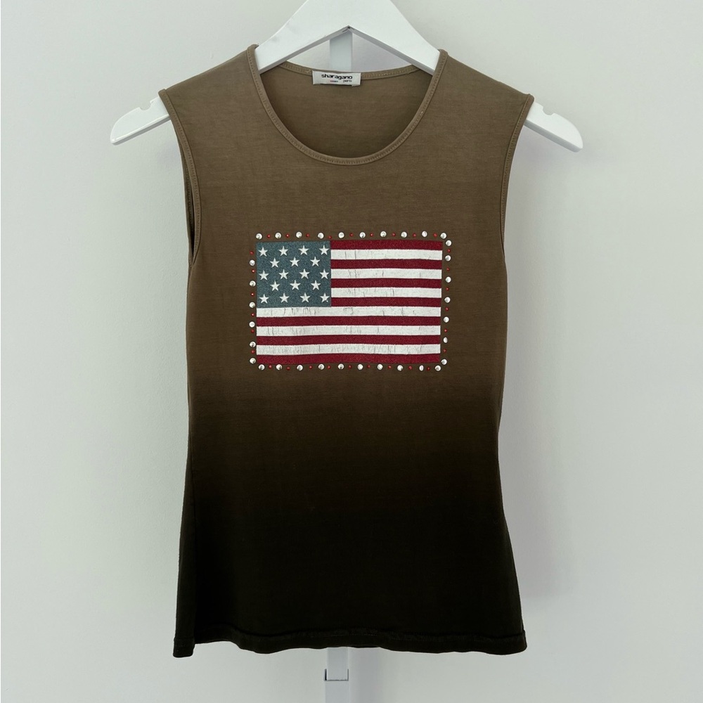 SHARAGANO PARIS ARMY GREEN AMERICAN FLAG SLEEVELESS TOP SIZE SMALL